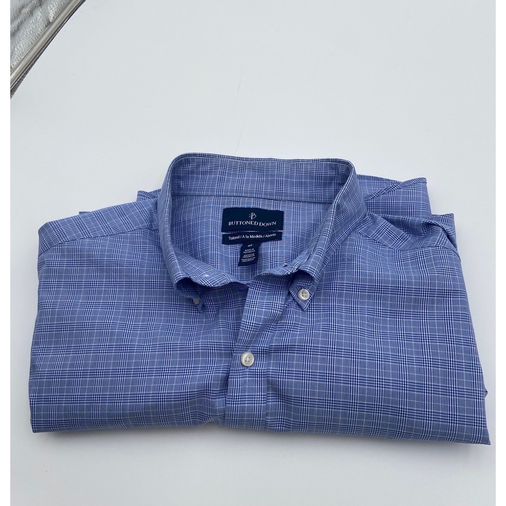 Buttoned Down Shirt Blue Tailored Fit Supima Cotton Plaid Long Sleeve 18 37